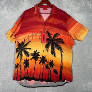 HUGO Shirt Mens XXL Red Orange‎ Sunset Palm Tree Straight Fit Viscose Hawaiian
